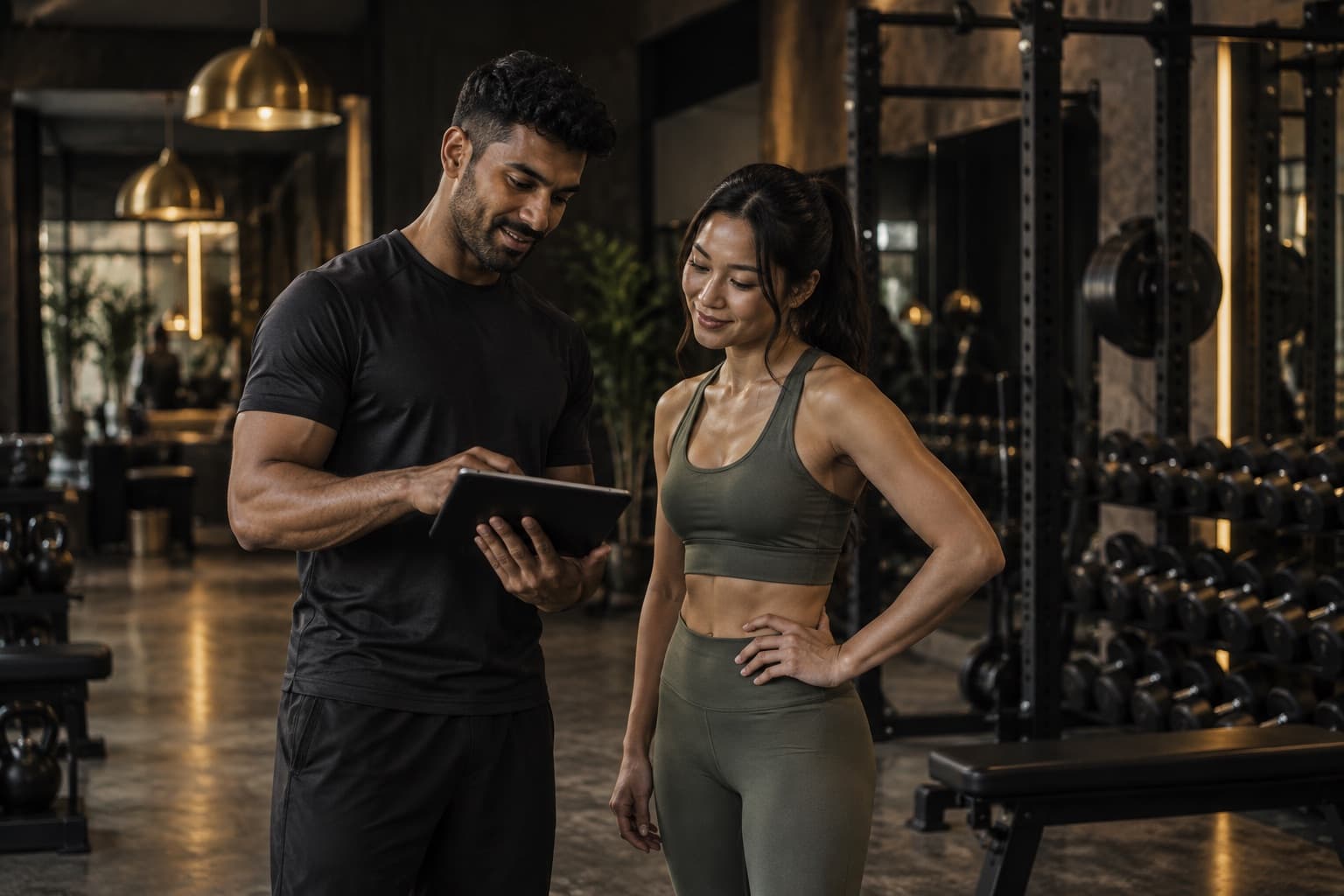 A coach showing his client her week on a tablet in a gym