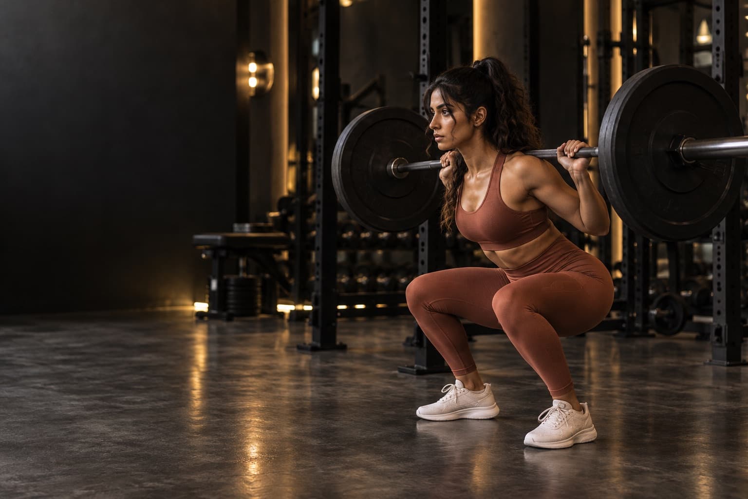 A woman squatting a barbell with good form in a gym