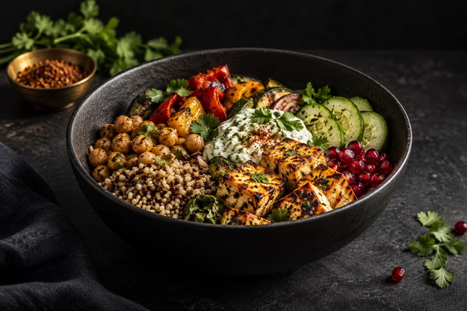 A bowl of grilled paneer, chickpeas, millet, roasted peppers and cucumber on dark stone